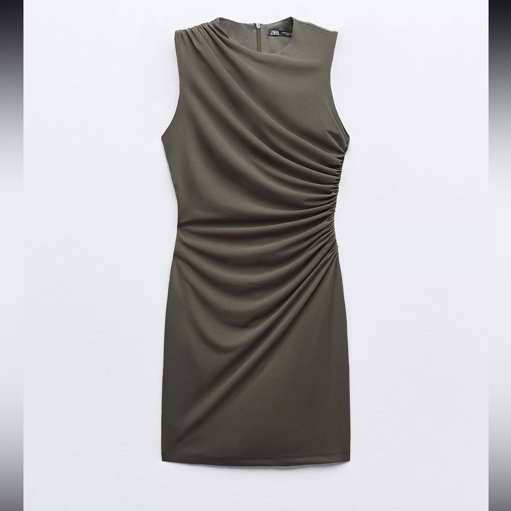 Zara - Gathered Short Dress - Dark Green
